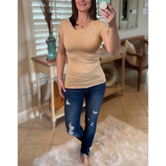 Basic Crew Neck Short Sleeve Slimming Fitted Baby Tee Khaki 0060 - Picture 3 of 5